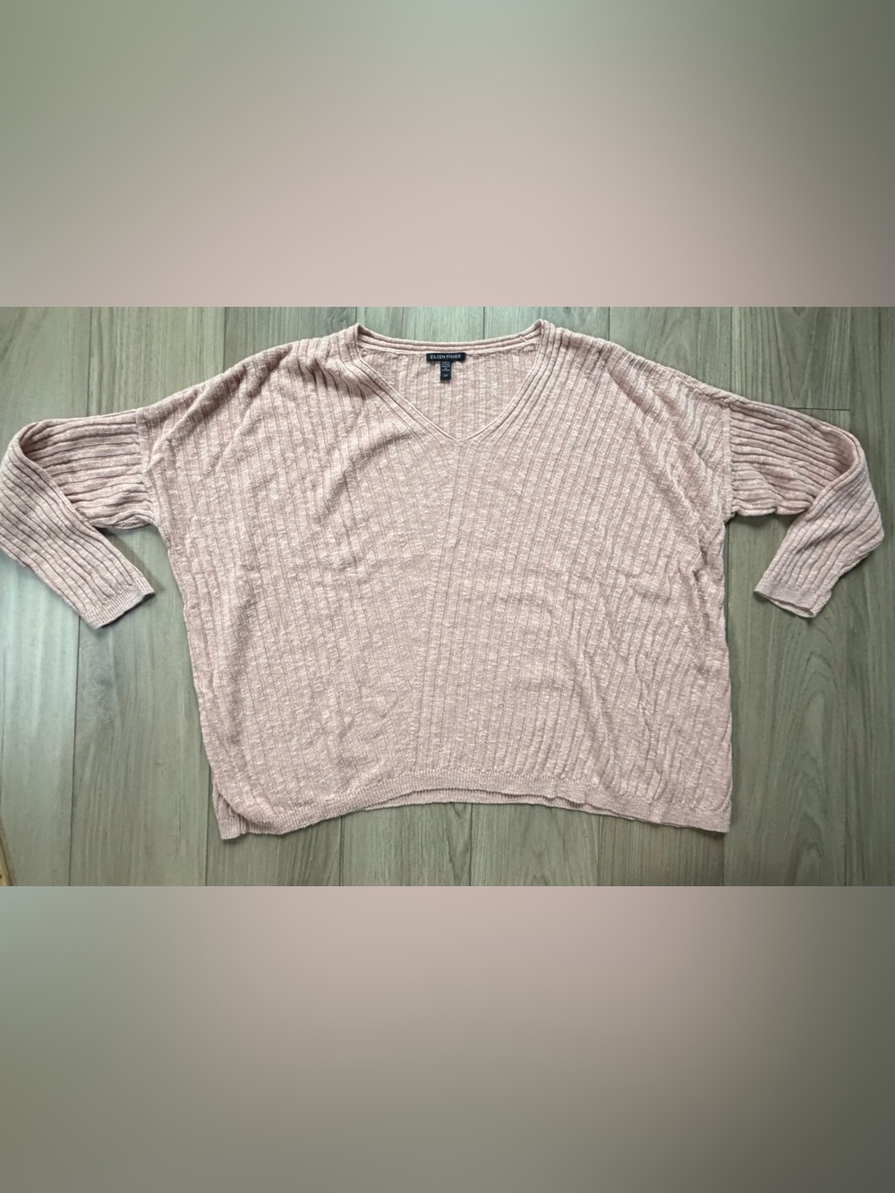 Eileen Fisher organic linen/cotton Blush Ribbed V-Neck Sweater Large